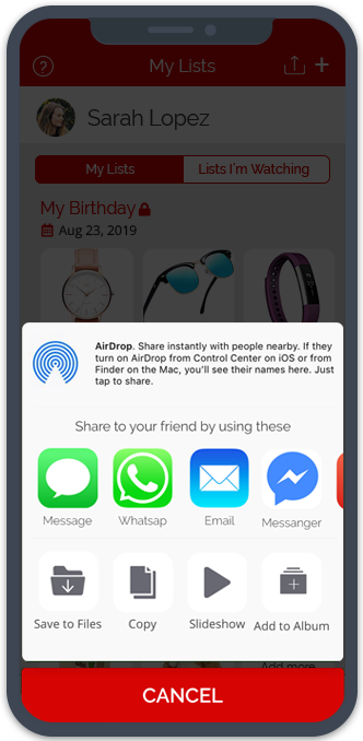 GiftList lets you share your wish lists with friends & family via text, email, Facebook, Whatsapp